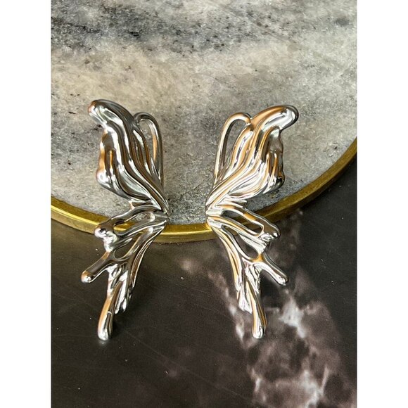 Kim Silver-Tone Asymmetrical Butterfly Earrings - Stainless Steel Earrings - Picture 9 of 10